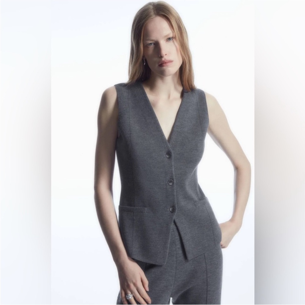 COS Grey Long Line Knitted Wool Waistcoat Vest Size XS